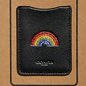 NWT COACH PHONE POCKET STICKER BLACK WITH GLITTER RAINBOW